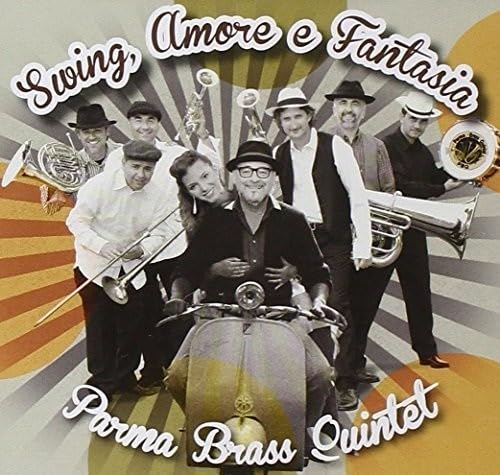 Brass quintet with a woman on a scooter, vintage style cover art.