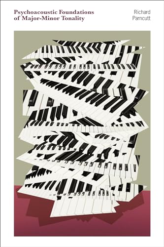 Book cover with abstract piano keys and red background.