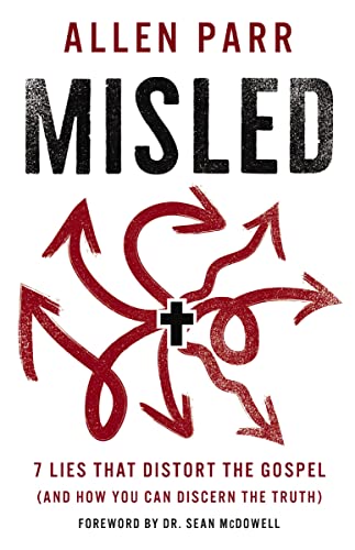 Book cover: "Misled" with red arrows and a cross, by Allen Parr.
