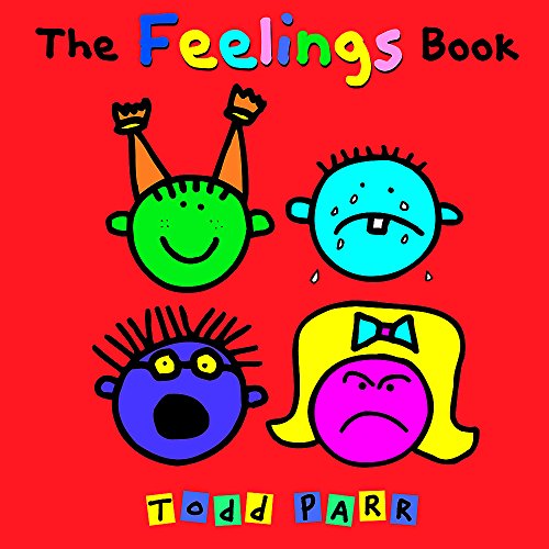 Cover of The Feelings Book showing four colorful cartoon faces expressing different emotions.