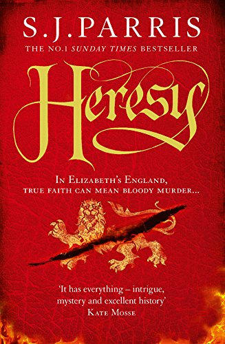 Book cover: red background, gold title “Heresy”, lion and dragon imagery.