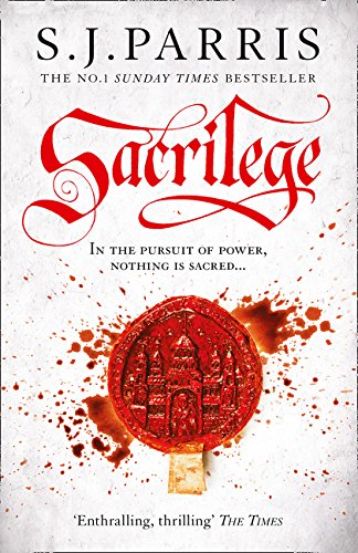 Book cover: “Sacrilege” with red lettering, a wax seal, and splatters.