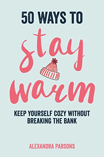 Book cover with red cursive text "stay warm" and a knitted hat illustration.