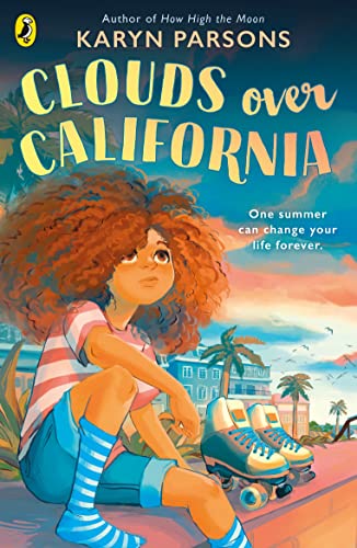 Book cover: girl with curly hair on roller skates, California scenery.