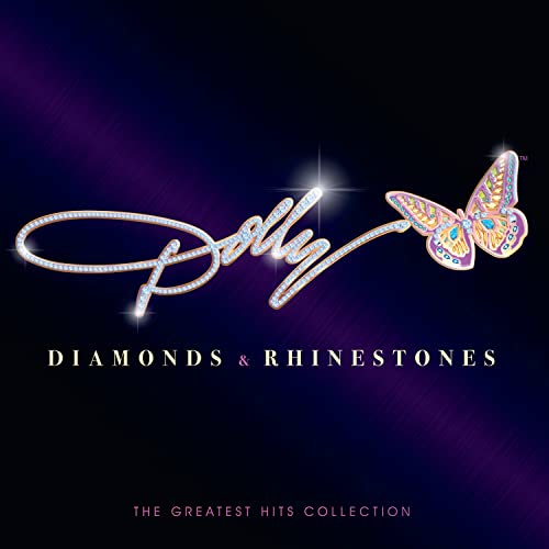 Dolly Parton’s “Diamonds & Rhinestones” album cover with sparkling script and butterfly.