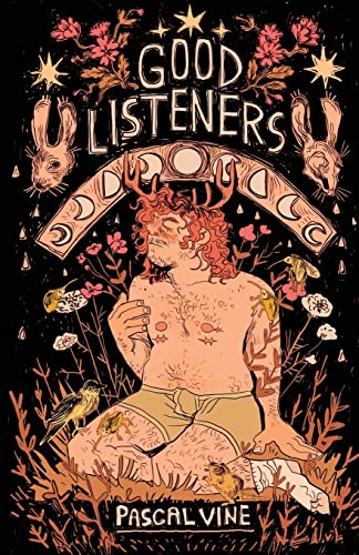 Book cover: "Good Listeners" with floral designs, deer, hares, and a figure.