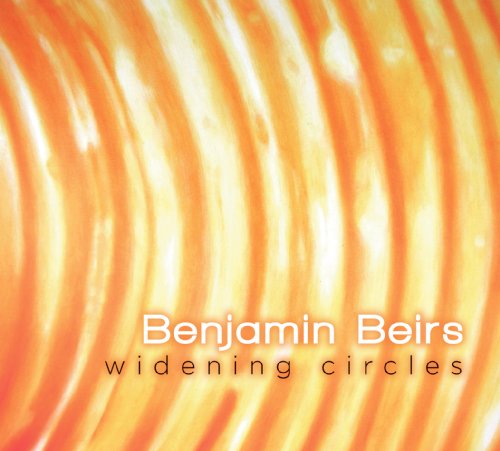 Abstract orange and yellow curved lines with text Benjamin Beirs Widening Circles.