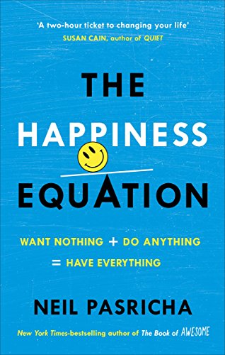 "The Happiness Equation" book cover with bright blue background and black and white text.