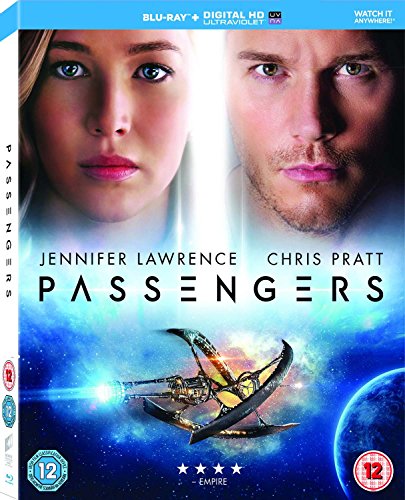 Passengers" Blu-ray cover featuring Jennifer Lawrence and Chris Pratt, spaceship image.