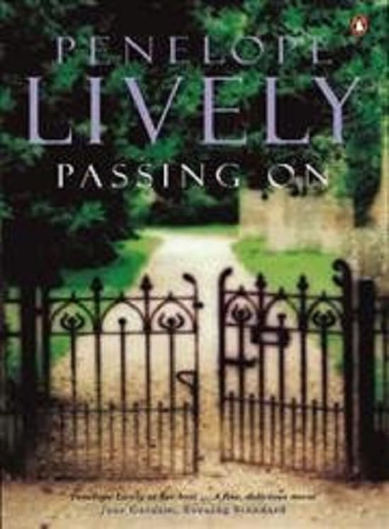 Book cover: "Passing On" by Penelope Lively, featuring an ornate iron gate.