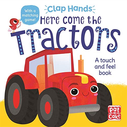 Red tractor with a smiling face on a children’s board book cover.