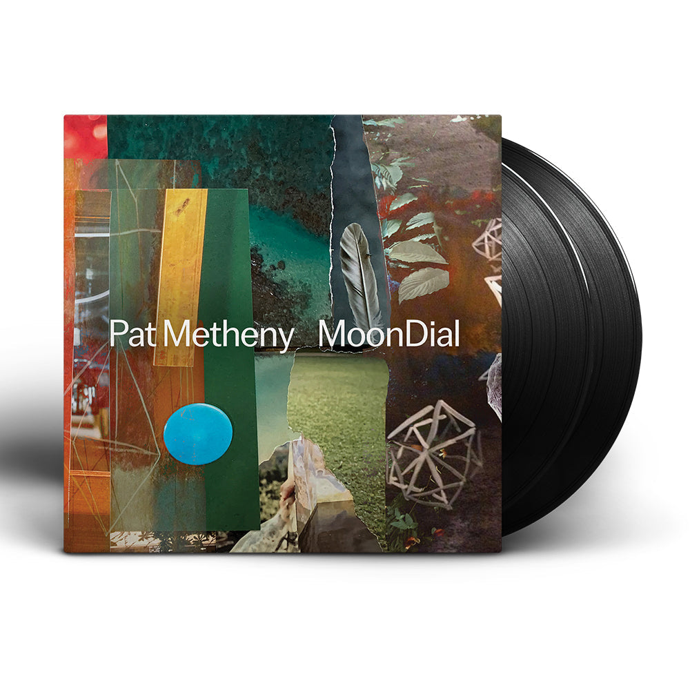 Pat Metheny MoonDial album cover with collage art and a black vinyl record.
