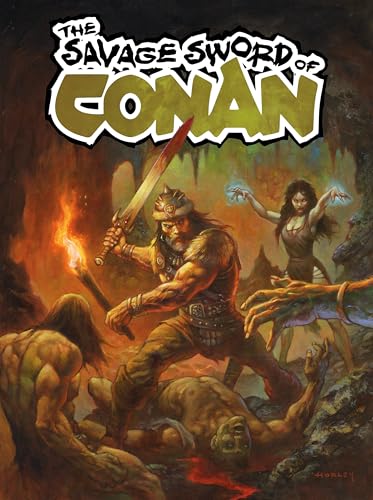 Conan the Barbarian holds a sword and torch while fighting in a dark cavern.