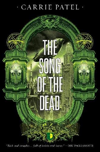 Book cover: ornate green frame, eye, raven, and city skyline.