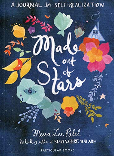 "Blue journal cover with floral wreath, white text, and whimsical illustrations."
