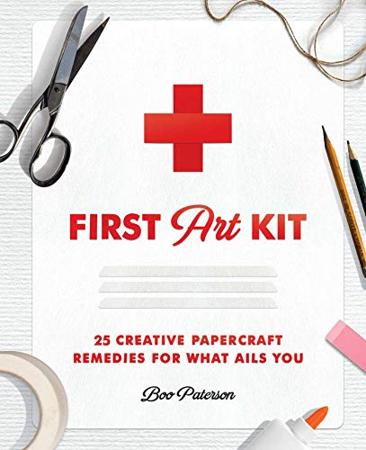 Book cover resembling a first aid kit with art supplies around it.