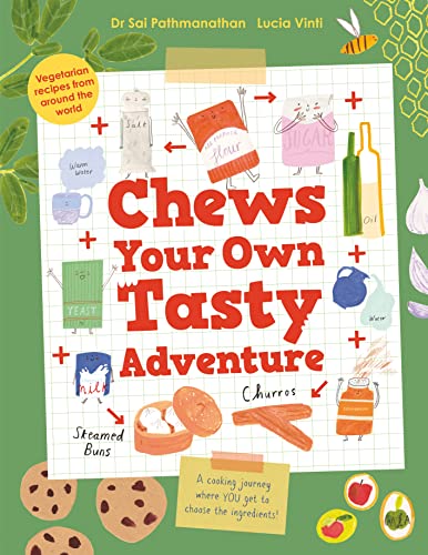 Book cover: "Chews Your Own Tasty Adventure" with illustrated food and ingredients.