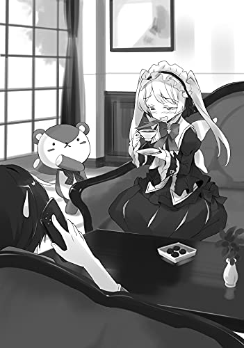Black and white illustration of two anime characters and a bear plushie.