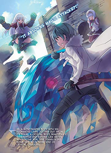 Anime-style book cover featuring three characters and a large blue crystal.