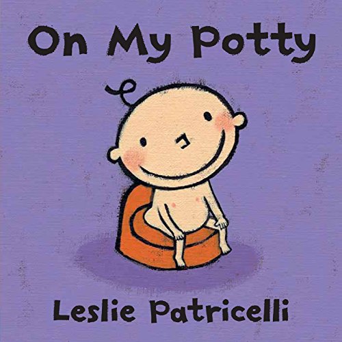 A cartoon baby with one curl sits on an orange potty against purple background.