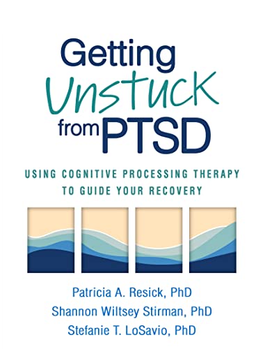 Book cover: "Getting Unstuck from PTSD" with blue and white wave design.