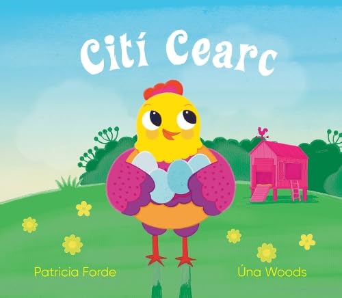 Book cover: yellow chick with a pink house in a green field.