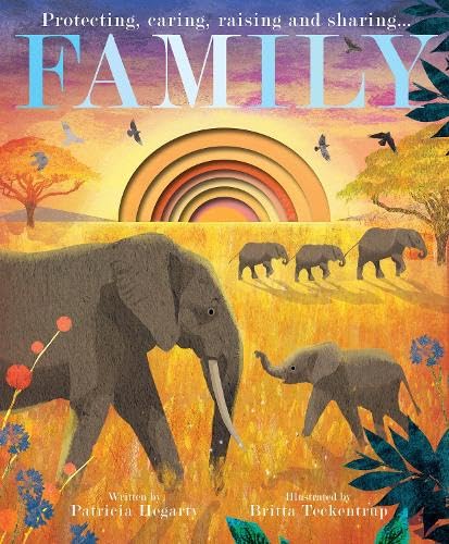 Illustration of elephants in a golden savanna under a sunset sky with rainbow arches.