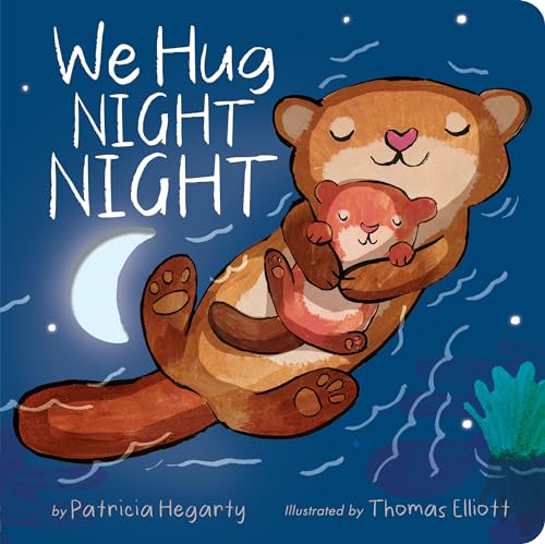 A mother otter hugs her baby while floating in water under a night sky.
