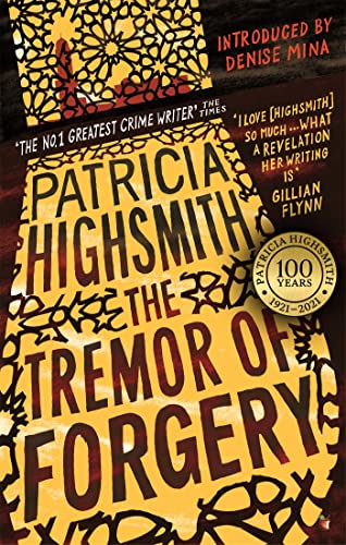 Book cover for The Tremor of Forgery with yellow geometric patterns and black text.