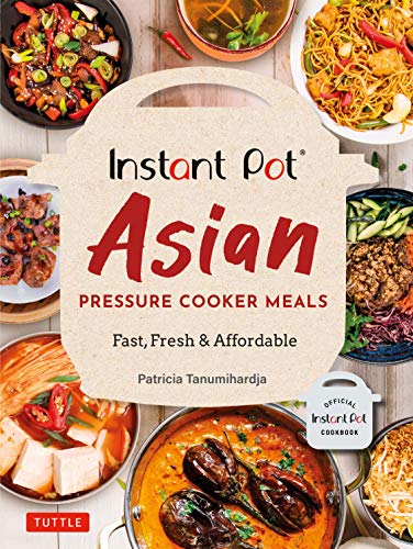 Instant Pot Asian cookbook with colorful images of various Asian dishes.