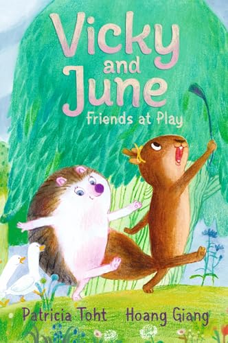 Book cover: hedgehog and mole playing, with green foliage background.