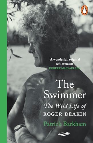 Book cover: black and white portrait of a man, “The Swimmer” title.