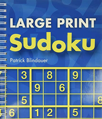 Spiral-bound "Large Print Sudoku" book with a partially filled puzzle grid.