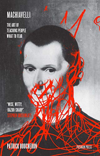 Book cover featuring a portrait of Machiavelli obscured by chaotic red scribbles.