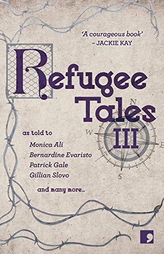 Book cover: “Refugee Tales: Volume III” with barbed wire and a compass.