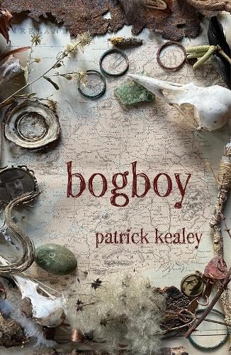 Book cover titled Bogboy by Patrick Kealey, featuring an old map, bones, and plants.