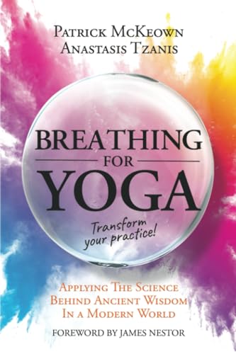 Book cover: "Breathing for Yoga" with colorful, blurred background.
