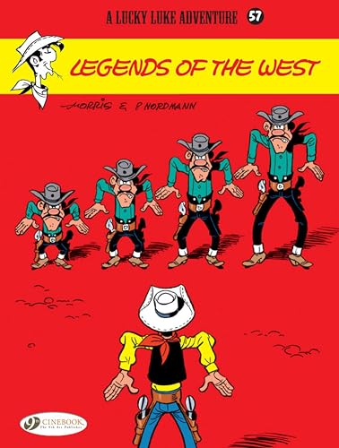 Comic book cover: Lucky Luke and cowboys on a red background.