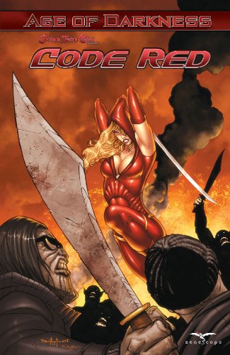 Comic book cover: woman with sword facing figures in darkness.
