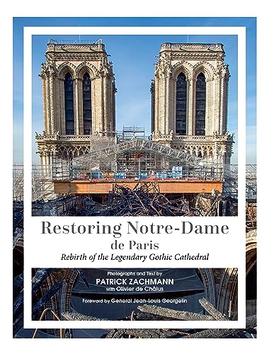 Notre-Dame de Paris facade with scaffolding, book cover titled "Restoring Notre-Dame de Paris".