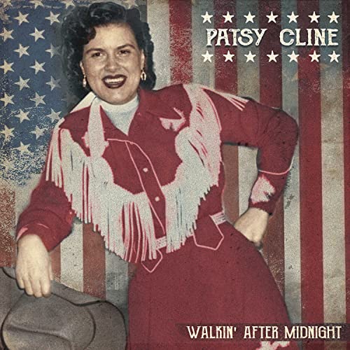 Patsy Cline album cover with American flag background and fringed red jacket.