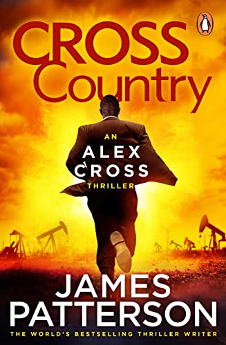 Book cover: Man running towards fiery, industrial landscape, "Cross Country".