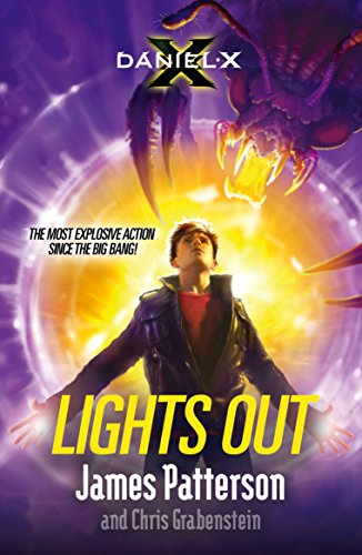 Book cover: boy with outstretched arms, alien creature, bright lights.