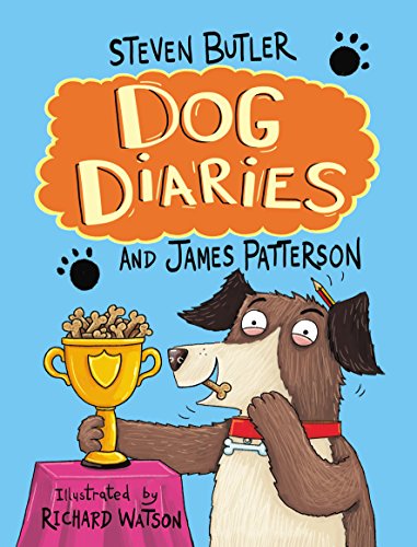 "Book cover featuring cartoon dog holding a trophy, with 'Dog Diaries' title on orange background."