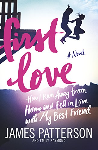 Book cover: "First Love" with illustrated couple jumping, pink title text.