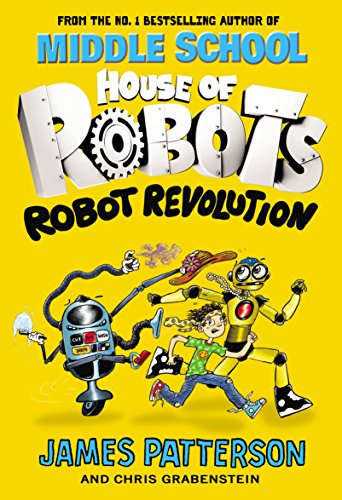 Book cover with a boy running alongside two robots against a bright yellow background.
