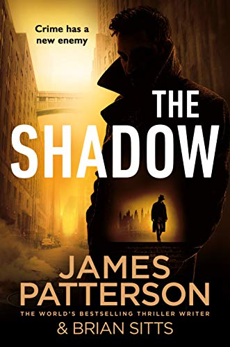 Book cover: man in coat, city background, title "The Shadow".