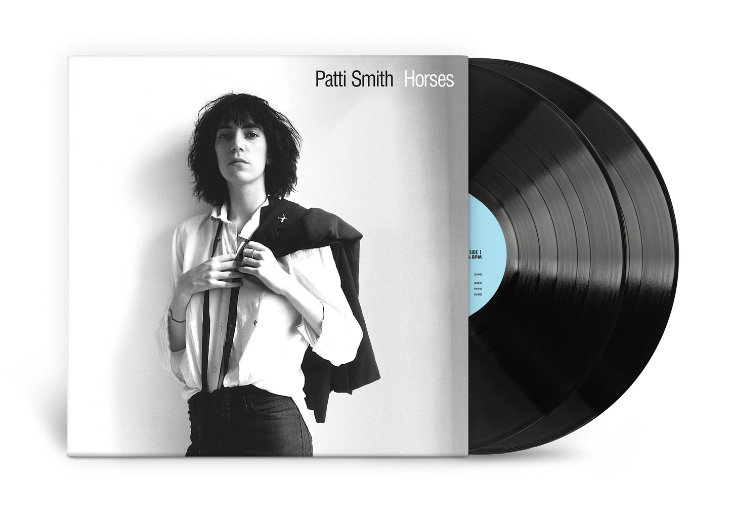 Patti Smith's "Horses" vinyl record with black and white cover art.