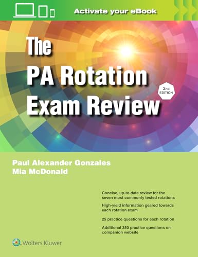 Book cover: "The PA Rotation Exam Review," 2nd edition, with colorful abstract background.