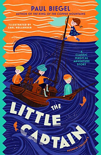 Book cover: children in a boat on wavy orange and blue water.